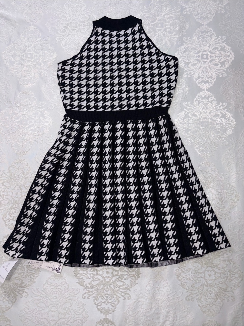 Miss Rosier Jacqueline Black Houndstooth Knit Mini Dress Pleated Size Medium NWT - Picture 4 of 10